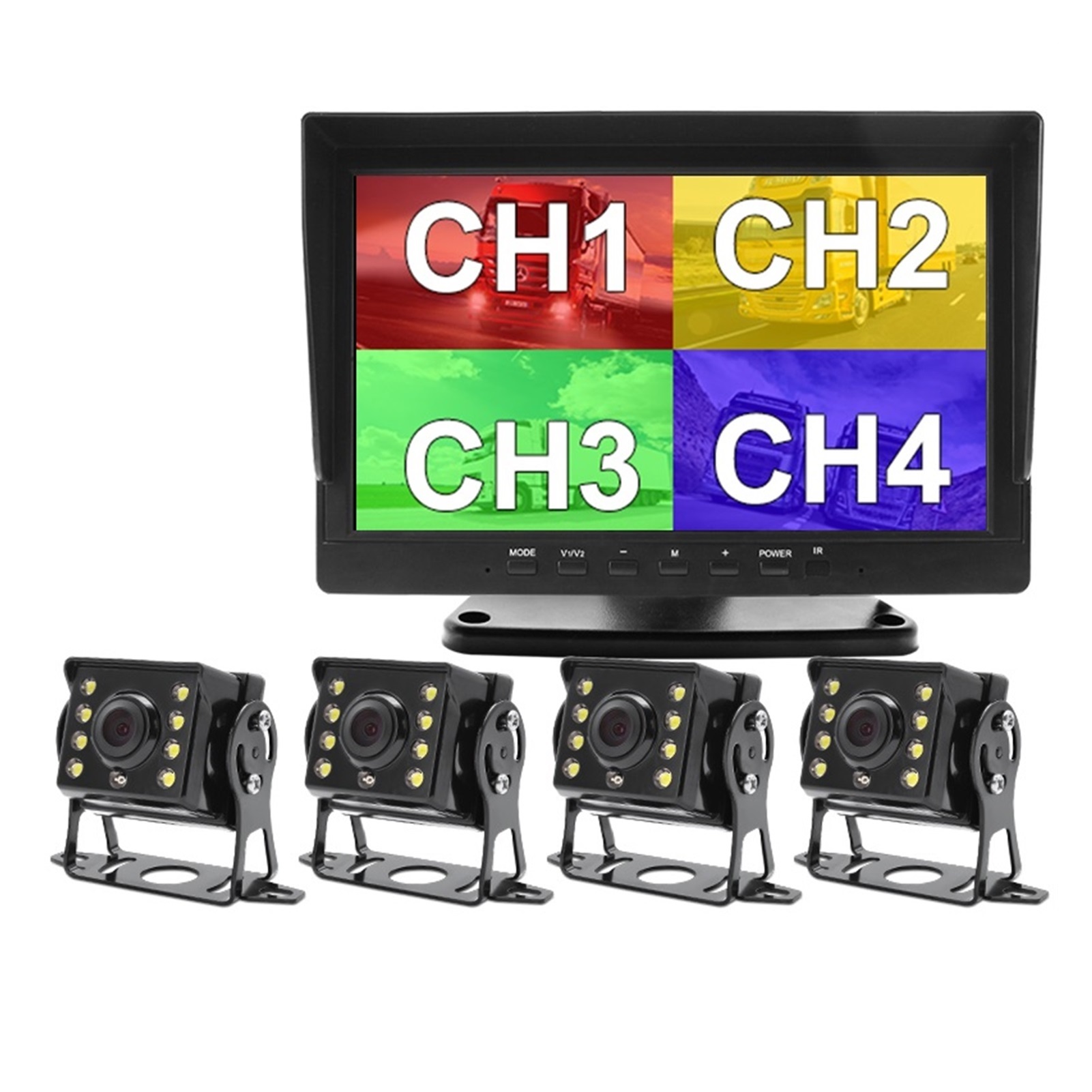 4CH AHD 1280x720P 10.1 Inch IPS Truck Bus Vehicle DVR Recorder Monitor With 4 Channels Front Rear Left Right AHD Parking Camera ,Easy to Install